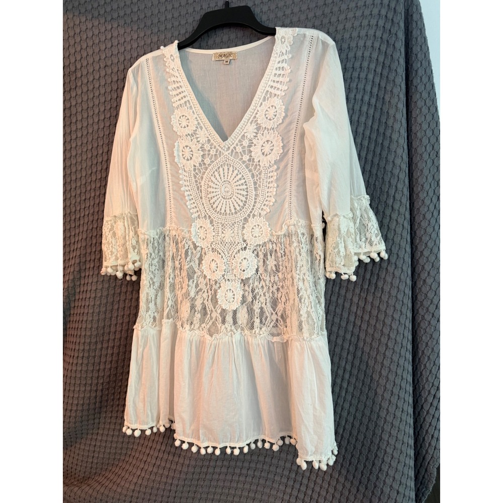 Magic Crochet Lace Tunic Women Medium White Excellent Pom Pom Boho Beach Coverup